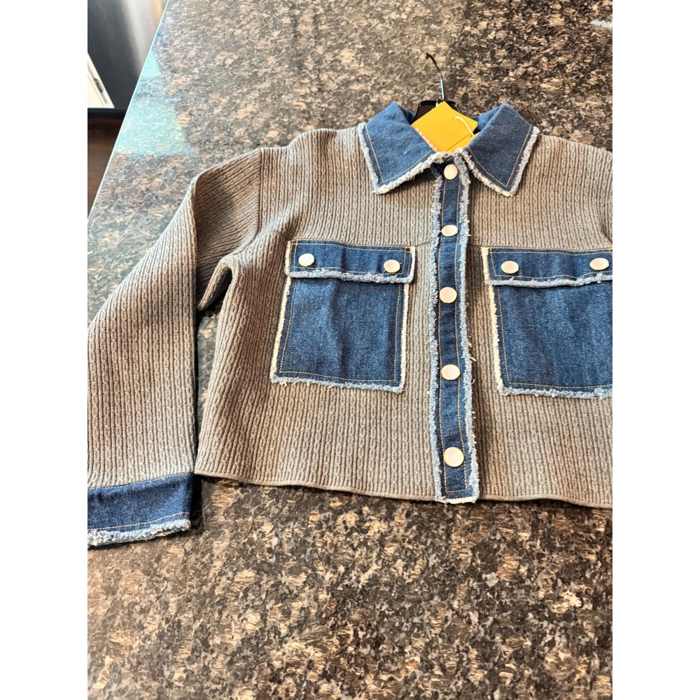 Sandro H24JOHN Mixed Media Denim Cable Knit Cardigan Jacket Grey Blue Size 0 NEW - Picture 5 of 8